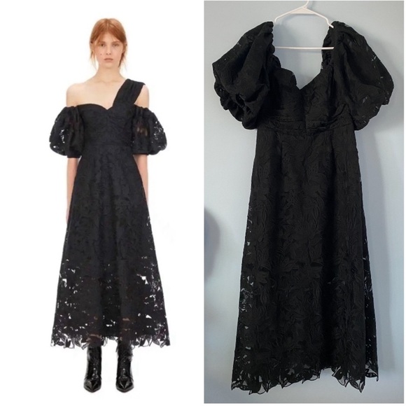 Self-Portrait Dresses & Skirts - Self Portrait Black Puff Sleeve Leaf
Guipure Midi Dress
